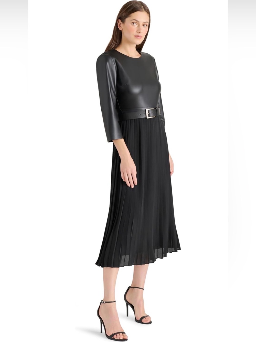 Steve.madden Black Faux-Leather Top Pleated Midi Dress with Belt size 8
